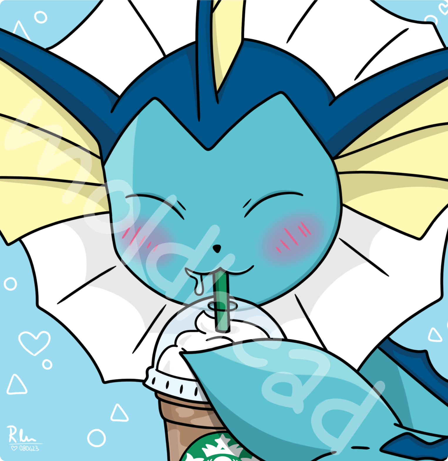 Vaporeon from Pokémon illustrated drinking Starbucks, merging the character with a modern casual setting.